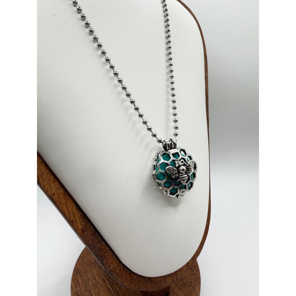 Bee Honeycomb Pendant Necklace – Silver Tone, Turquoise Detail - Picture 3 of 4